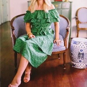 Elizabeth Wilson green off the shoulder eyelet dress